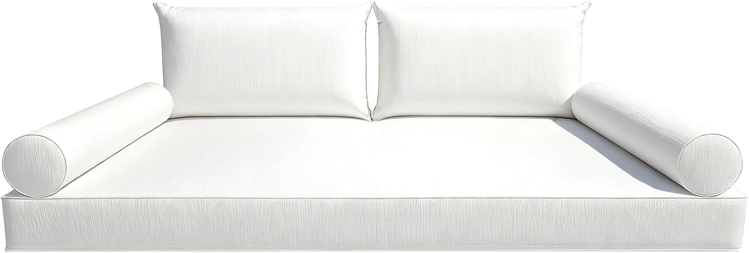 5 Pc Twin Patio Daybed Cushions Set,Twin Size Outdoor Hanging Porch Swing Bed Mattress Bolster Pillow Complete Set (White, 75 * 39 * 6in)