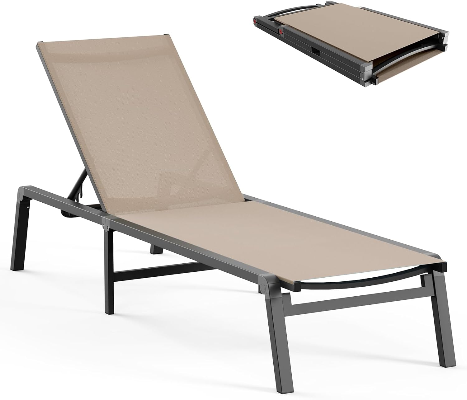 Aluminum Chaise Lounge Ourdoor - Foldable & Assemble Free Outdoor Lounge Chair with 5 Adjustable Backrest, Patio Lounge Chair for Outside Poolside Beach Pool, Khaki