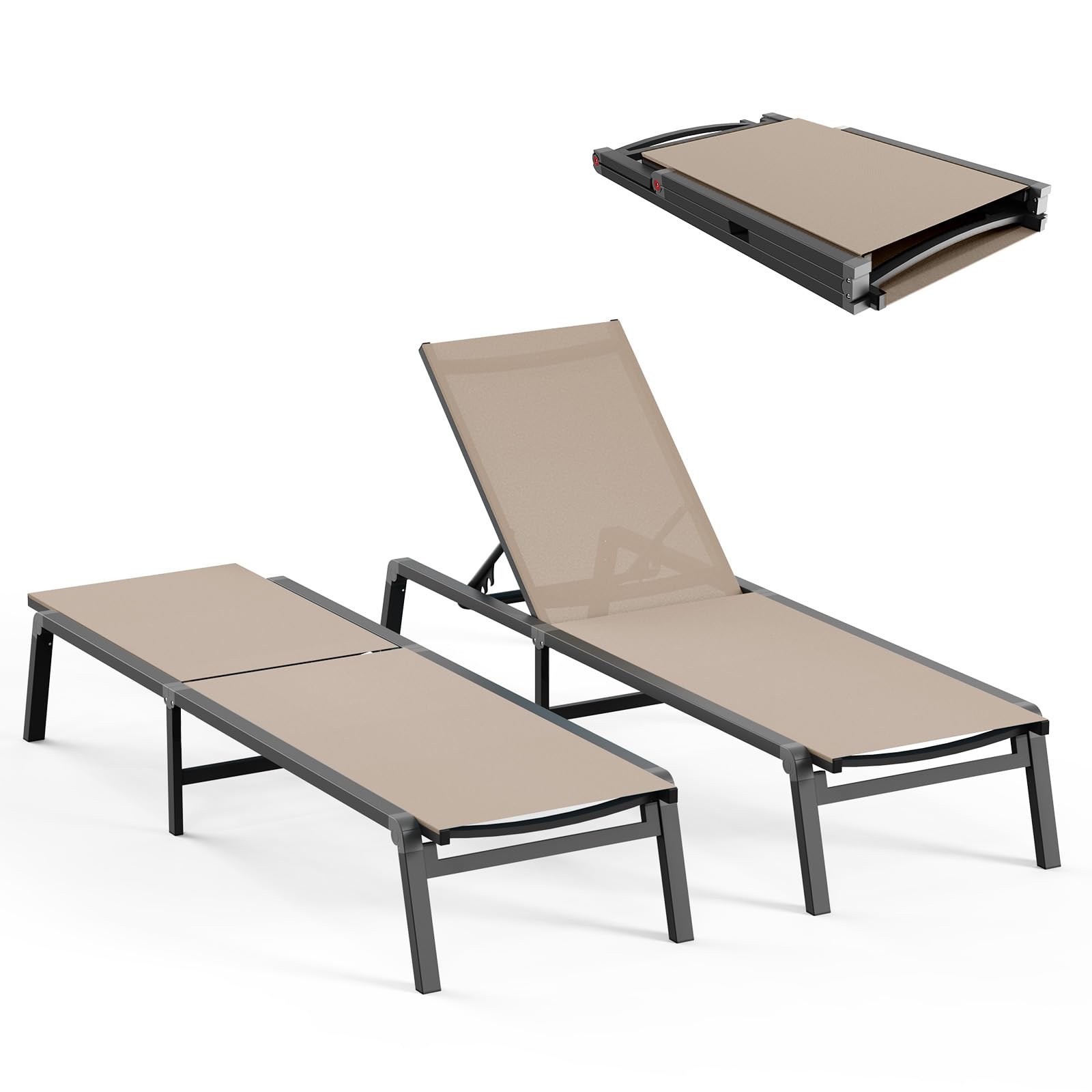 Aluminum Chaise Lounge Ourdoor - Foldable & Assemble Free Outdoor Lounge Chair with 5 Adjustable Backrest, Patio Lounge Chair for Outside Poolside Beach Pool, Khaki