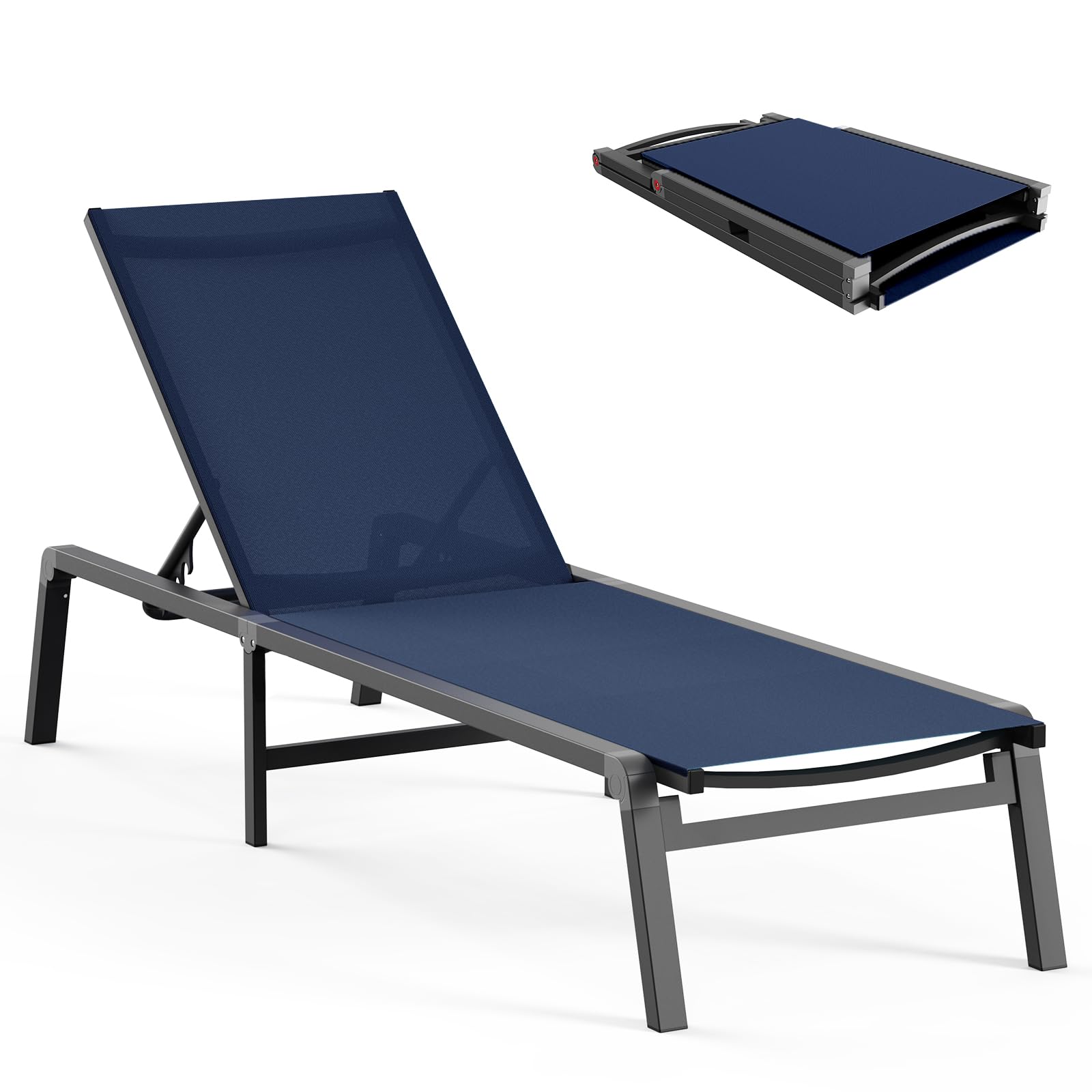 Aluminum Chaise Lounge Ourdoor - Foldable & Assemble Free Outdoor Lounge Chair with 5 Adjustable Backrest, Patio Lounge Chair for Outside Poolside Beach Pool, Khaki