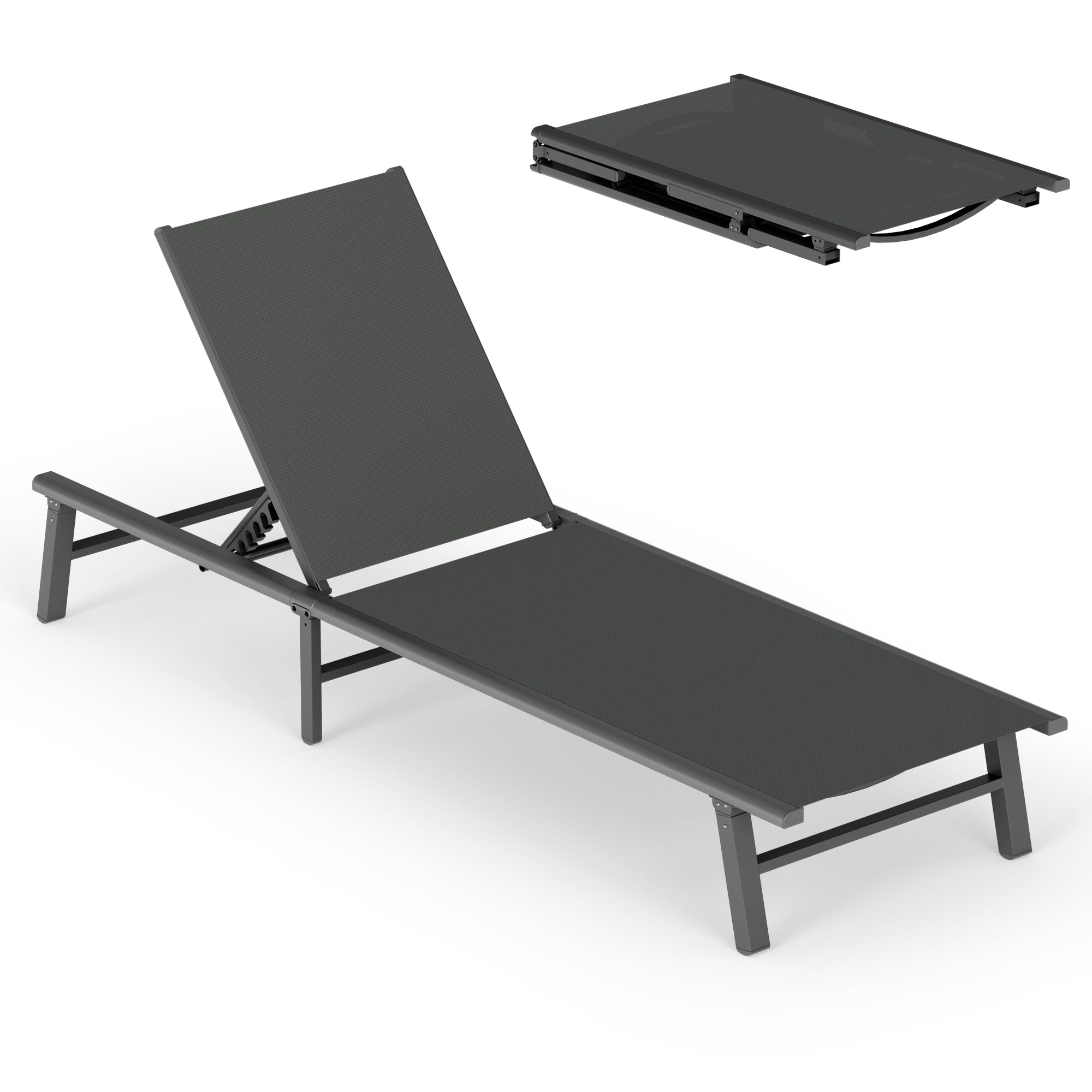 Aluminum Chaise Lounge Ourdoor - Foldable & Assemble Free Outdoor Lounge Chair with 5 Adjustable Backrest, Patio Lounge Chair for Outside Poolside Beach Pool, Khaki