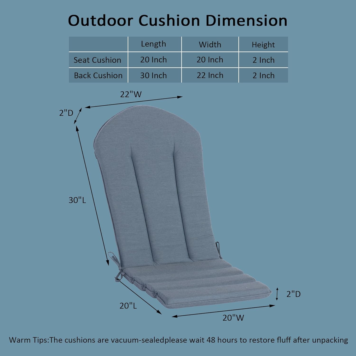 50"x20" Adirondack Chair Cushions Set of 2, Outdoor Rocking Chair Cushions Water-Resistant Weather Resistant High Back Patio Replacement Cushions,Folding Patio Chair Pad
