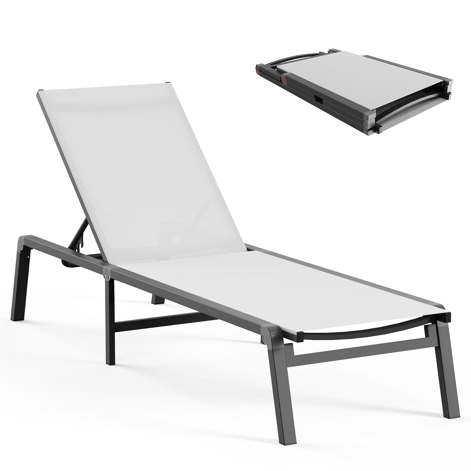 Aluminum Chaise Lounge Ourdoor - Foldable & Assemble Free Outdoor Lounge Chair with 5 Adjustable Backrest, Patio Lounge Chair for Outside Poolside Beach Pool, Khaki
