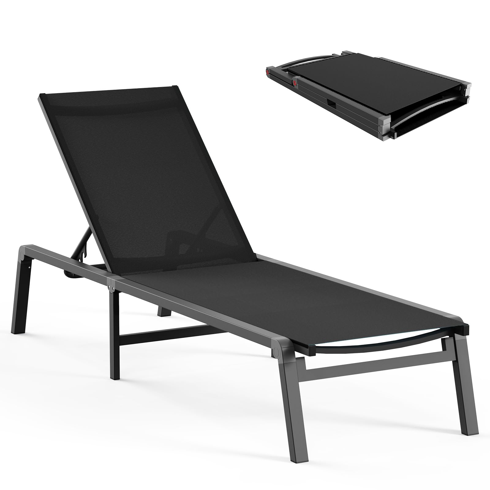 Aluminum Chaise Lounge Ourdoor - Foldable & Assemble Free Outdoor Lounge Chair with 5 Adjustable Backrest, Patio Lounge Chair for Outside Poolside Beach Pool, Khaki