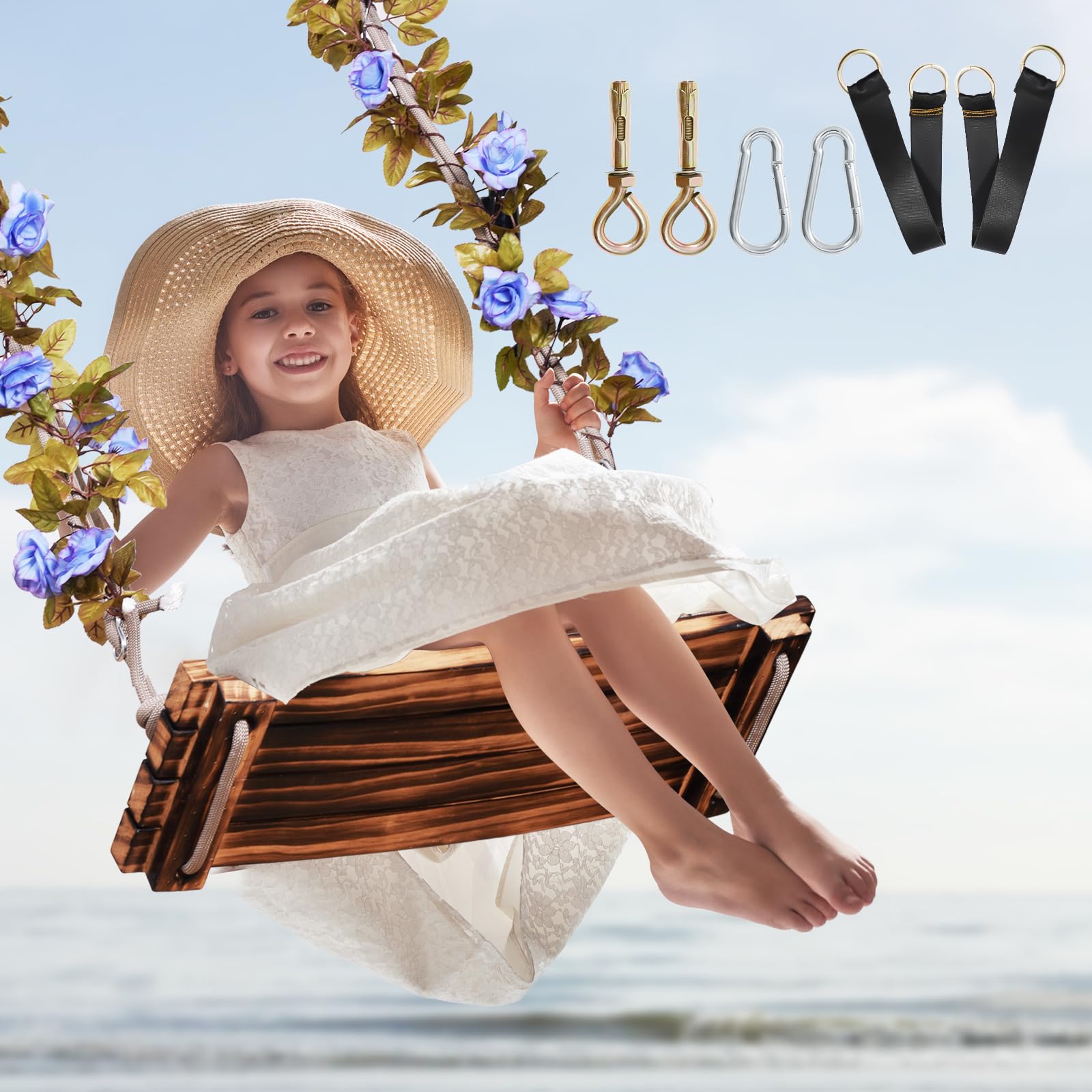 2026 Upgraded Large Wooden Swing Seat, 24"x 8", Hanging Tree Swing for Adults & Kids, 500lbs Load, Adjustable Nylon Rope & Tree Straps, Indoor/Outdoor Swings with Purple Floral Garland