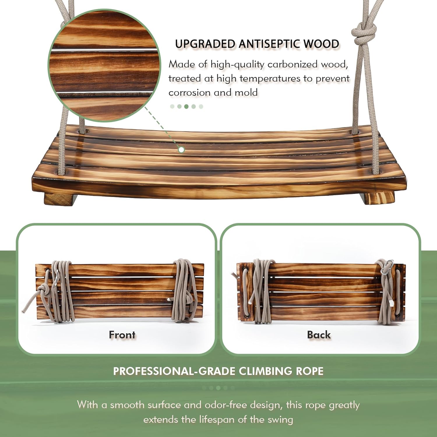 2026 Upgraded Large Wooden Swing Seat, 24"x 8", Hanging Tree Swing for Adults & Kids, 500lbs Load, Adjustable Nylon Rope & Tree Straps, Indoor/Outdoor Swings with Purple Floral Garland