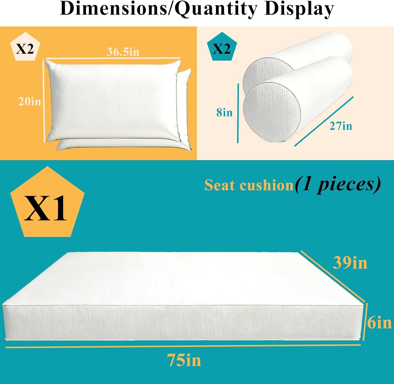 5 Pc Twin Patio Daybed Cushions Set,Twin Size Outdoor Hanging Porch Swing Bed Mattress Bolster Pillow Complete Set (White, 75 * 39 * 6in)