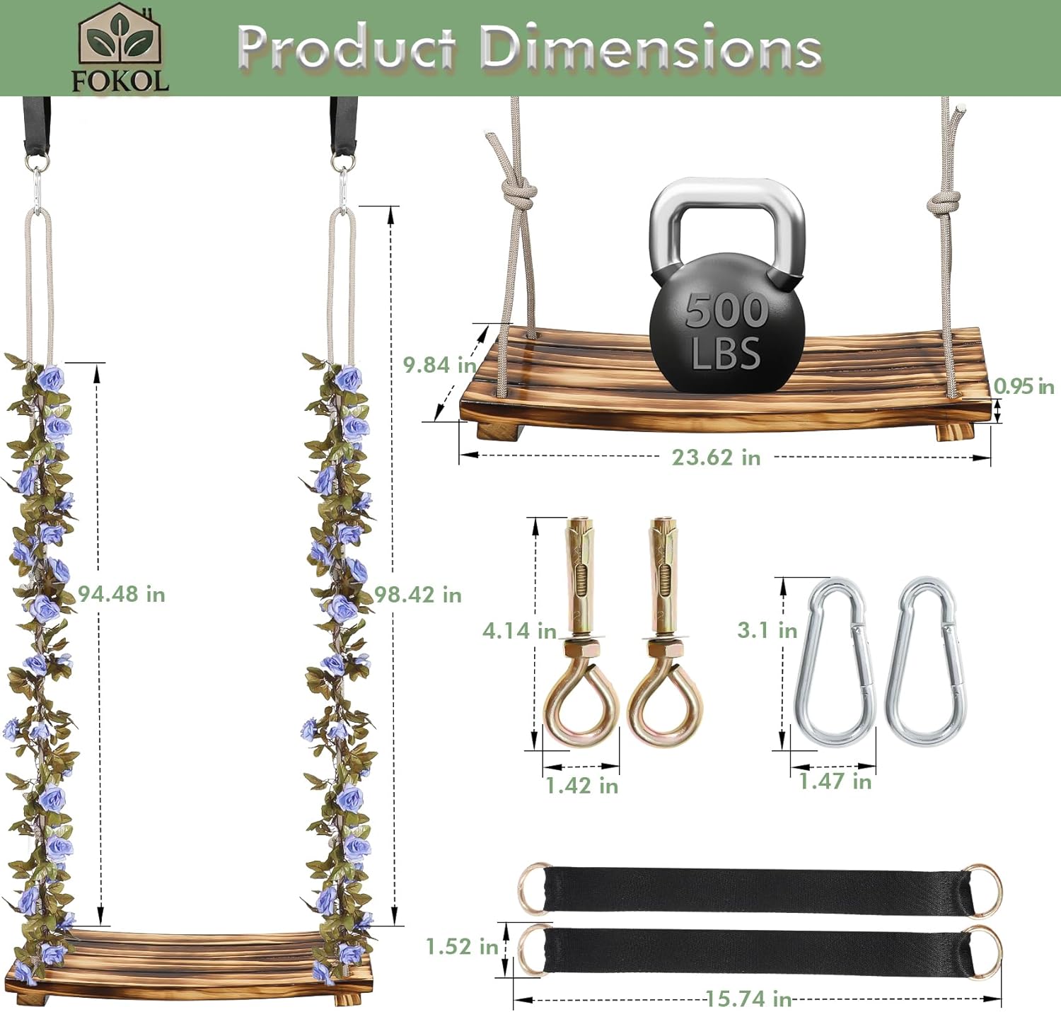 2026 Upgraded Large Wooden Swing Seat, 24"x 8", Hanging Tree Swing for Adults & Kids, 500lbs Load, Adjustable Nylon Rope & Tree Straps, Indoor/Outdoor Swings with Purple Floral Garland