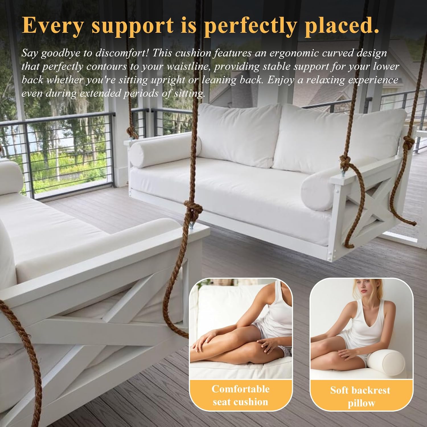 5 Pc Twin Patio Daybed Cushions Set,Twin Size Outdoor Hanging Porch Swing Bed Mattress Bolster Pillow Complete Set (White, 75 * 39 * 6in)