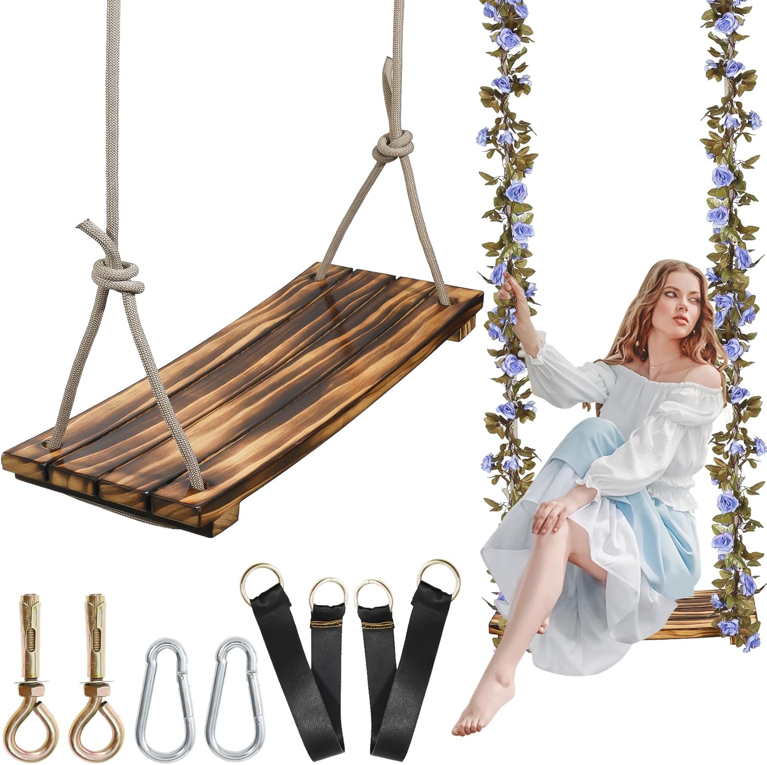 2026 Upgraded Large Wooden Swing Seat, 24"x 8", Hanging Tree Swing for Adults & Kids, 500lbs Load, Adjustable Nylon Rope & Tree Straps, Indoor/Outdoor Swings with Purple Floral Garland