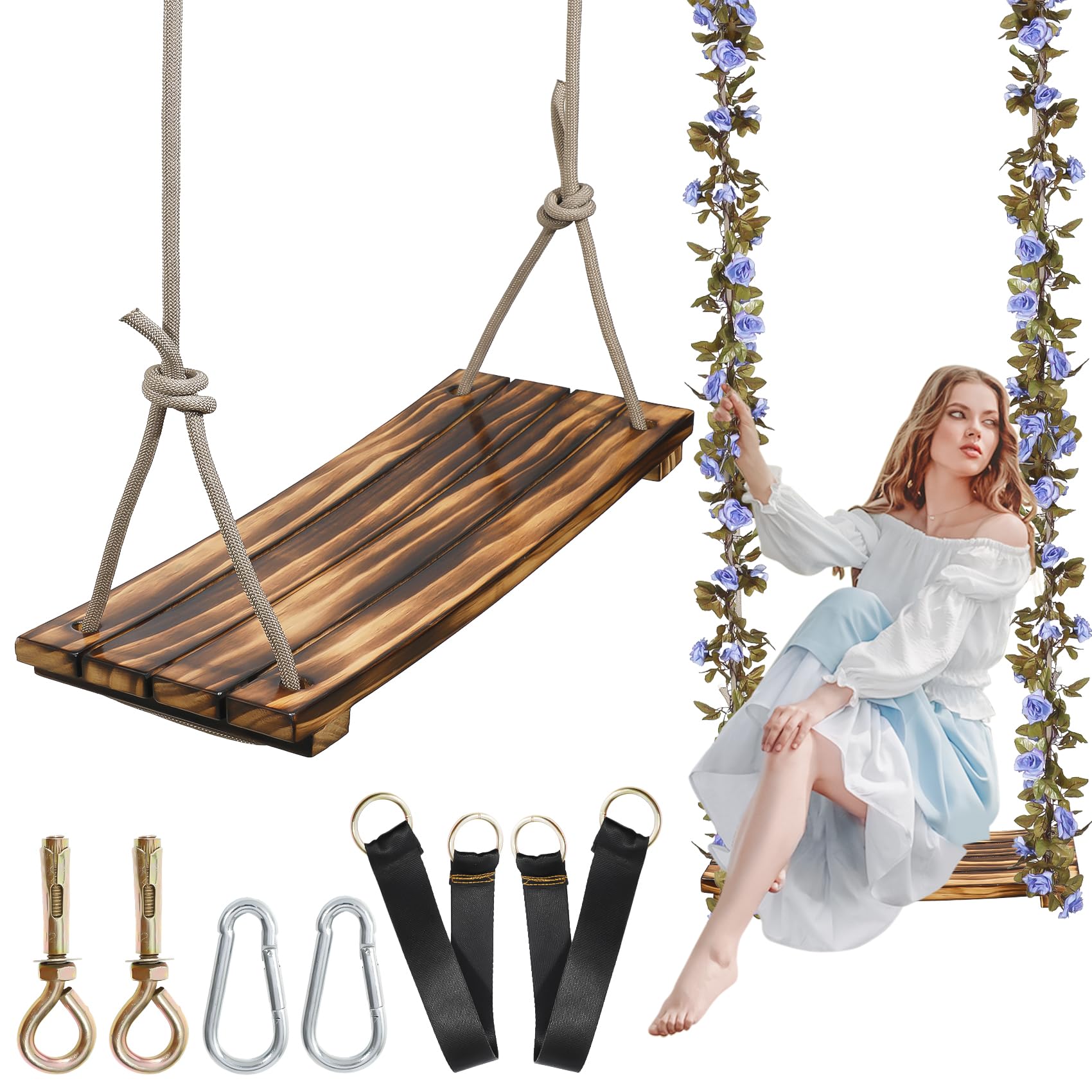 2026 Upgraded Large Wooden Swing Seat, 24"x 8", Hanging Tree Swing for Adults & Kids, 500lbs Load, Adjustable Nylon Rope & Tree Straps, Indoor/Outdoor Swings with Purple Floral Garland