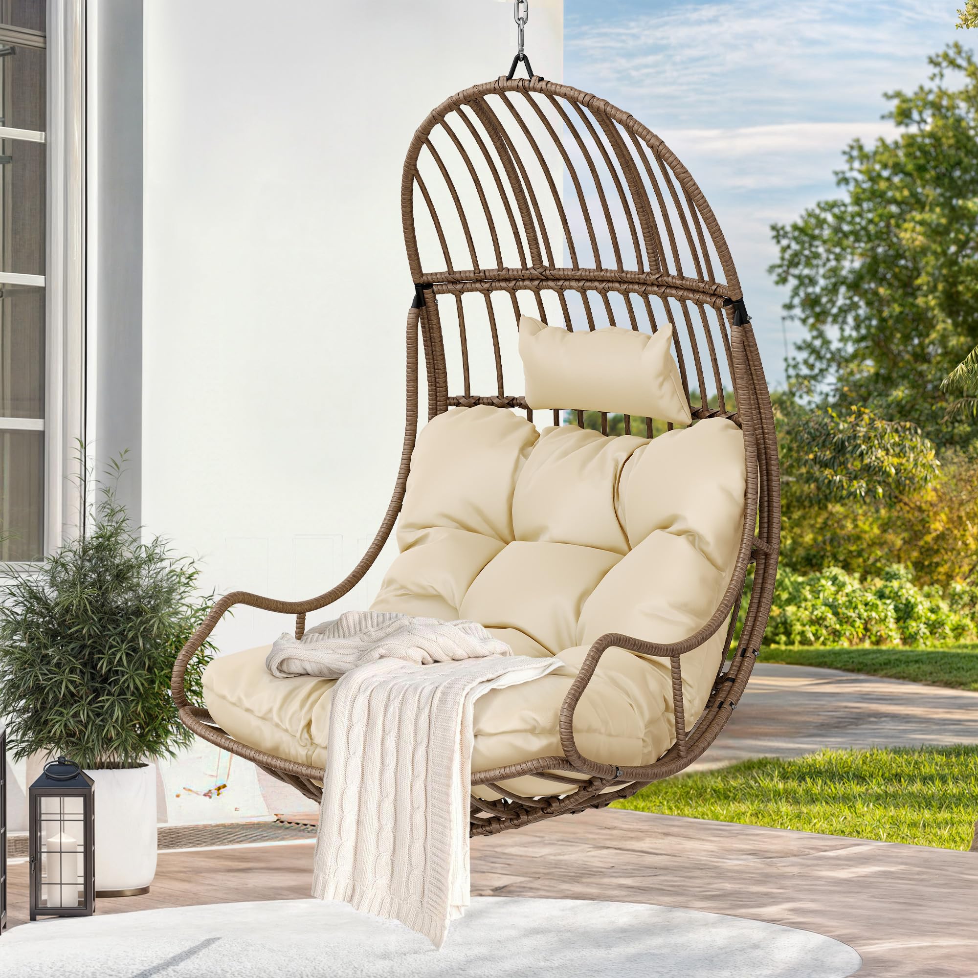 YITAHOME Hanging Egg Swing Chair Egg Chair Wicker Indoor Outdoor Hammock Egg Chair with Cushions 330lbs for Patio, Bedroom, Garden and Balcony, Brown (Stand not Included)