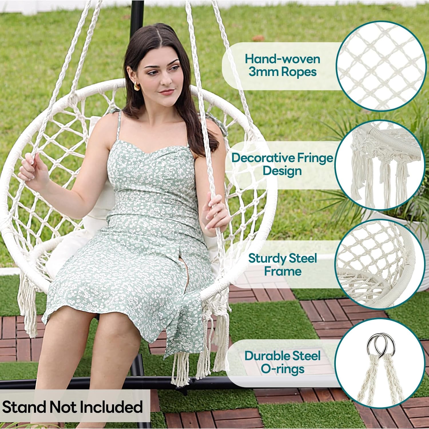 JoyView Macrame Hammock Chair Hanging Swing Chair Max 330 Lbs with 2 Cushions and Hardware Kits for Indoor Outdoor Bedroom Patio Garden - Beige