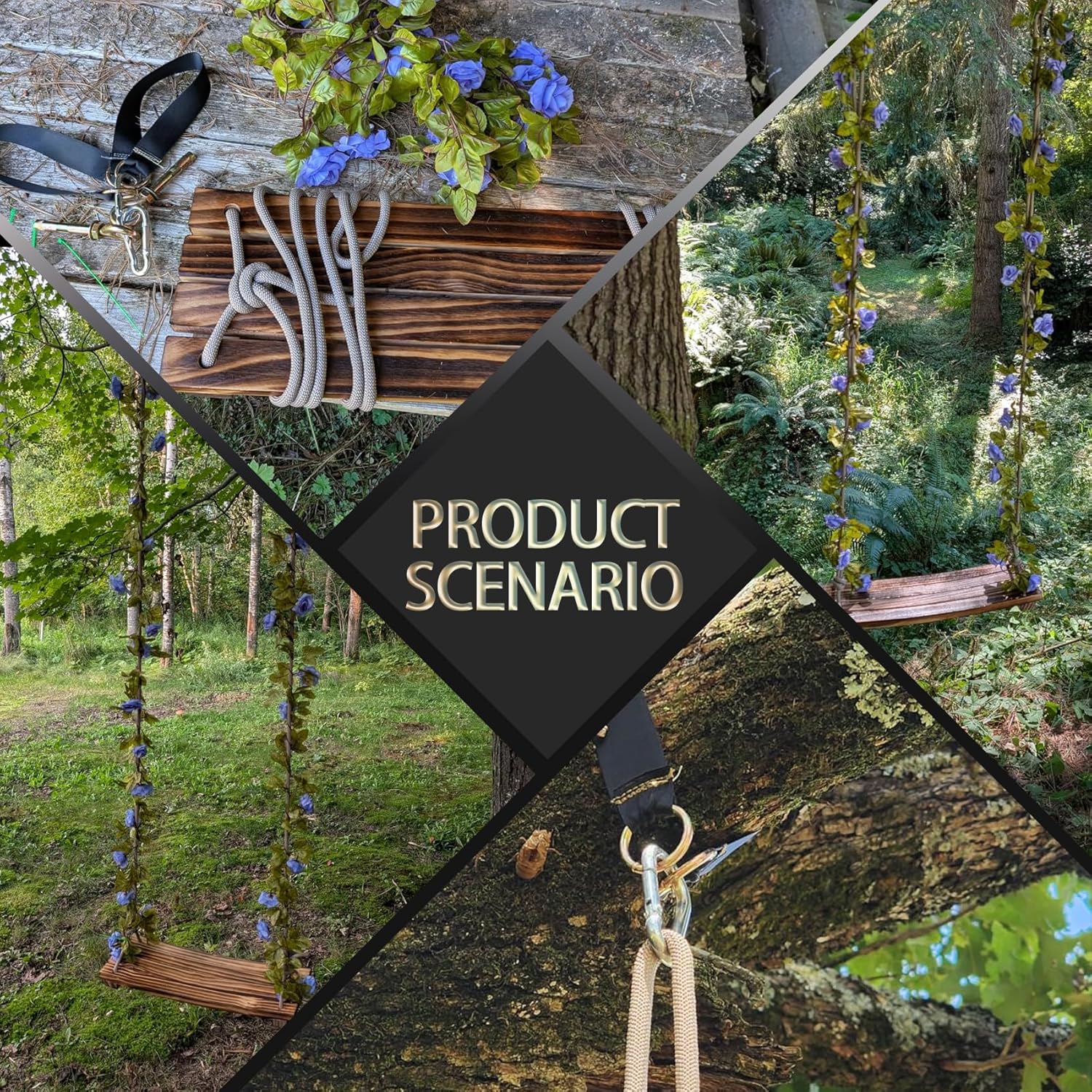 2026 Upgraded Large Wooden Swing Seat, 24"x 8", Hanging Tree Swing for Adults & Kids, 500lbs Load, Adjustable Nylon Rope & Tree Straps, Indoor/Outdoor Swings with Purple Floral Garland